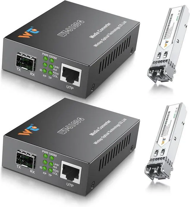 Main image of 2 Pack Fiber Ethernet Media Converter,  Fiber Optic Transceiver with 2 Pcs 1.25Gbps SFP Transceiver, Gigabit SFP to RJ45 Media Converter with 1000BASE-SX SFP to LC Modular (MMF,850nm,550m,DDM)