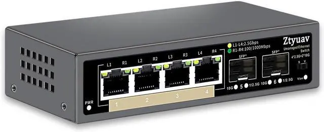 Main image of 6 Port Unmanaged 2.5G Ethernet Switch with 4 x 2.5G RJ-45 Base-T Ports, 2 x 10G SFP+, Ports Speed Auto-Negotiation-100/1000/2500Mbps, One-Key VLAN, Plug & Play, Fanless & Metal