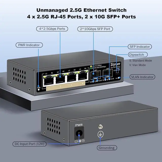 Alt view image 2 of 7 - 6 Port Unmanaged 2.5G Ethernet Switch with 4 x 2.5G RJ-45 Base-T Ports, 2 x 10G SFP+, Ports Speed Auto-Negotiation-100/1000/2500Mbps, One-Key VLAN, Plug & Play, Fanless & Metal