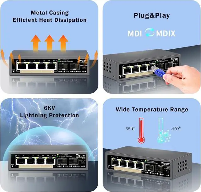 Alt view image 5 of 7 - 6 Port Unmanaged 2.5G Ethernet Switch with 4 x 2.5G RJ-45 Base-T Ports, 2 x 10G SFP+, Ports Speed Auto-Negotiation-100/1000/2500Mbps, One-Key VLAN, Plug & Play, Fanless & Metal