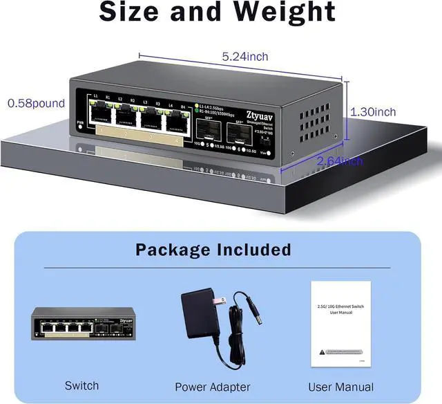Alt view image 6 of 7 - 6 Port Unmanaged 2.5G Ethernet Switch with 4 x 2.5G RJ-45 Base-T Ports, 2 x 10G SFP+, Ports Speed Auto-Negotiation-100/1000/2500Mbps, One-Key VLAN, Plug & Play, Fanless & Metal