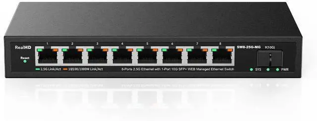 Main image of 8 Port 2.5Gb Web Managed Ethernet Network Switch with 8 x 2.5 Gigabit | 1 x 10G SFP+ | Work with 10-100-1000Mbps Devices | 60G Bandwidth | Fanless Quiet Metal Internet Switch
