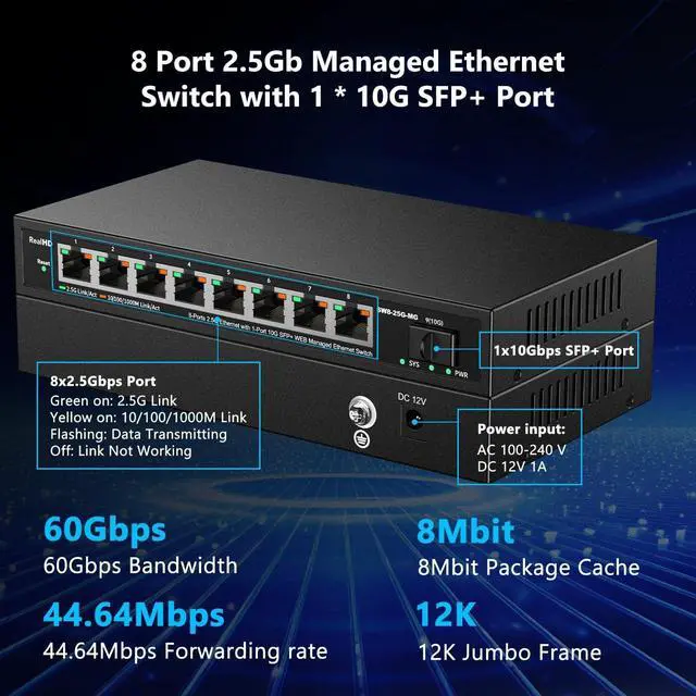 Alt view image 5 of 6 - 8 Port 2.5Gb Web Managed Ethernet Network Switch with 8 x 2.5 Gigabit | 1 x 10G SFP+ | Work with 10-100-1000Mbps Devices | 60G Bandwidth | Fanless Quiet Metal Internet Switch