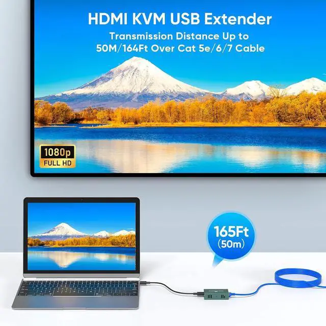 Alt view image 3 of 7 - HDMI KVM Extender Over Cat6/7 Up to 50M(165ft), 1080P KVM Extender Over Ethernet with Loop Out FunctionHDMI Transmitter Receiver Support Keyboard Mouse, POC Function Single Power Supply