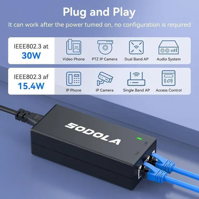 Alt view image 5 of 7 - 2.5Gb PoE Injector,30W Power Over Ethernet PoE Injector Adapter, Convert Non-PoE to PoE Adapter 10/100/1000/2.5G RJ-45, 802.3 af/at, Plug&Play up to 100 Meters (325 Feet)