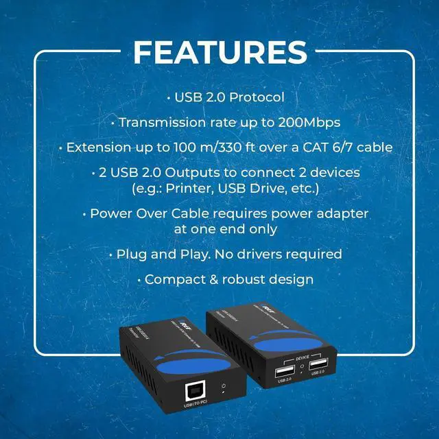 Alt view image 7 of 7 - OREI USB 2.0 Over Ethernet Cat5e/6 Extender LAN Upto 330 Feet - Extends 2 Ports USB-A Signal Over LAN Ethernet - Power Over Cable for Long Distance Extension Supports All Operating System