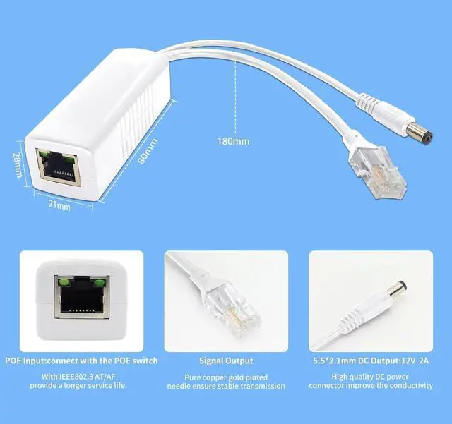 Alt view image 3 of 6 - Gigabit PoE Splitter 12V DC 5.5x2.1mm, 48V to DC 12V/2A Output, 1000Mbps, IEEE802.3af/at, PoE Adapter Active for IP Camera, AP and Other DC Power Supply Devices, 2 Pack (12V 2A DC Plug 5.5x2.1mm DC)