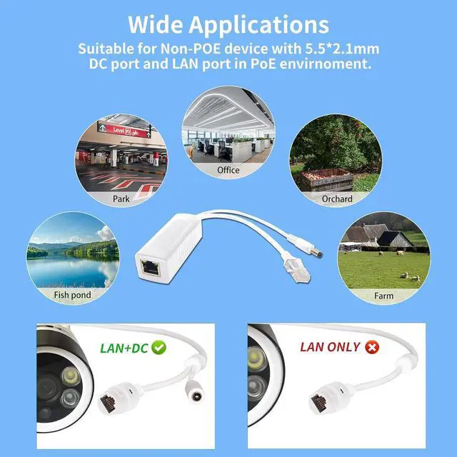 Alt view image 6 of 6 - Gigabit PoE Splitter 12V DC 5.5x2.1mm, 48V to DC 12V/2A Output, 1000Mbps, IEEE802.3af/at, PoE Adapter Active for IP Camera, AP and Other DC Power Supply Devices, 2 Pack (12V 2A DC Plug 5.5x2.1mm DC)