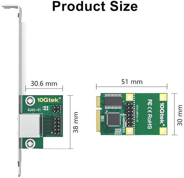 Alt view image 5 of 6 - 10Gtek Mini PCIe 1G Ethernet Network Card (Intel I210AT), with LED Light, 30-cm Cable Length, Single Port RJ45, Mini Pice Interface, not for M.2
