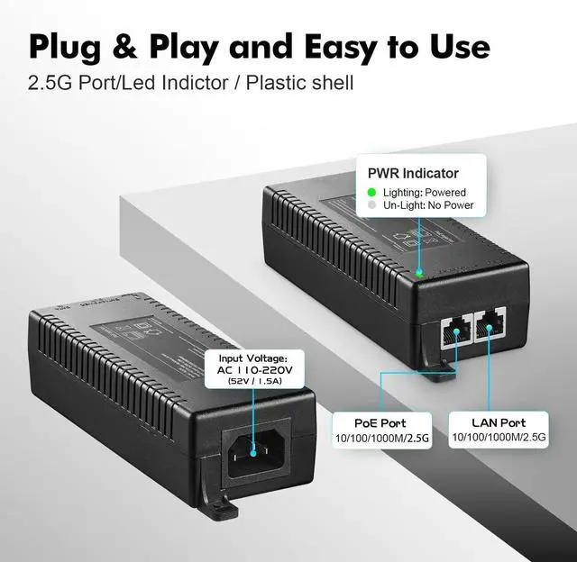 Alt view image 3 of 7 - YuLinca 2.5 Gigabit PoE+ Injector, 802.3af/at/bt 60W Power Over Ethernet PoE Adapter, 100/1000/2500Mbps, Non-PoE to PoE Adapter, Plug & Play, Distance Up to 100 Meters (328 ft.)