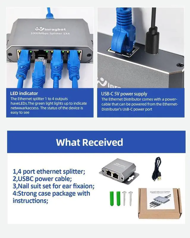Alt view image 7 of 7 - ethernet Splitter 1 to 2 ethernet hub 2 Port,RJ45 Cable Splitter fixable RJ45 Internet Switch Internet Splitter, 1000Mbps for Cat 5/5e/6/7/8 Cable,Can be Fixed to The Wall