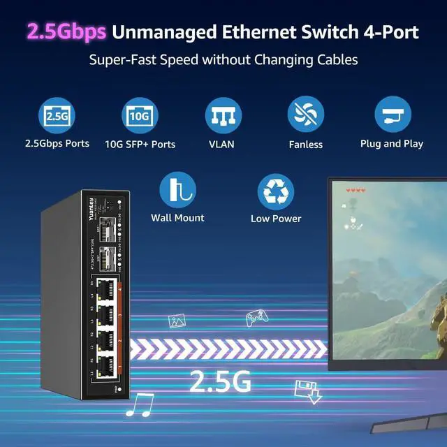 Alt view image 2 of 7 - 6 Port 2.5G Unmanaged Ethernet Switch, 4 x 2.5G Base-T Ports, 2 x 10G SFP, Compatible with 100/1000/2500Mbps, VLAN, Fanless, Desktop/Wall Mount YuanLey 2.5Gbe Network Switch for Wireless AP, NAS, PC