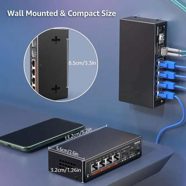 Alt view image 6 of 7 - 6 Port 2.5G Unmanaged Ethernet Switch, 4 x 2.5G Base-T Ports, 2 x 10G SFP, Compatible with 100/1000/2500Mbps, VLAN, Fanless, Desktop/Wall Mount YuanLey 2.5Gbe Network Switch for Wireless AP, NAS, PC