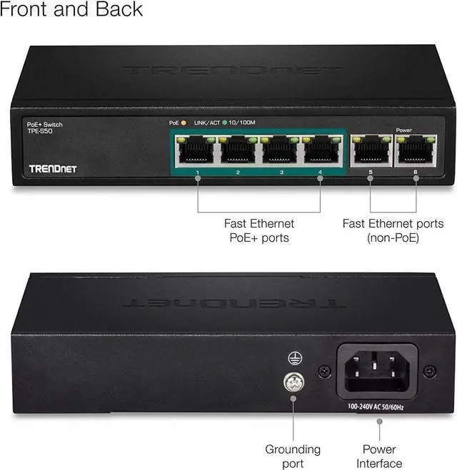 Alt view image 5 of 7 - TRENDnet 6-Port Fast Ethernet PoE+ Switch, TPE-S50, NDAA Compliant, 60W PoE Budget, 1.2 Gbps Switch Capacity, Metal, Black, Lifetime Protection
