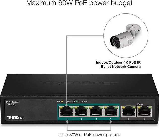 Alt view image 7 of 7 - TRENDnet 6-Port Fast Ethernet PoE+ Switch, TPE-S50, NDAA Compliant, 60W PoE Budget, 1.2 Gbps Switch Capacity, Metal, Black, Lifetime Protection
