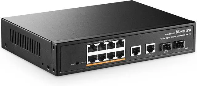 Main image of MokerLink 12 Port Gigabit Ethernet Switch, 8 GE PoE+, 2 GE Uplink, 2 Gigabit SFP, Fanless Plug & Play