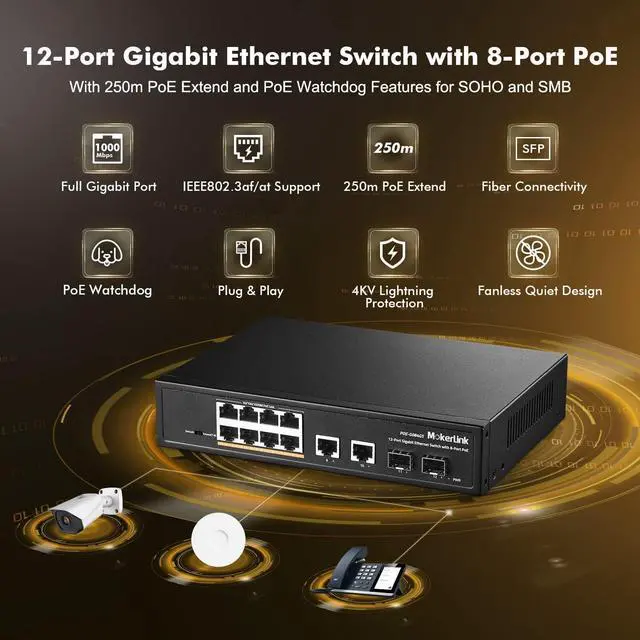 Alt view image 2 of 7 - MokerLink 12 Port Gigabit Ethernet Switch, 8 GE PoE+, 2 GE Uplink, 2 Gigabit SFP, Fanless Plug & Play