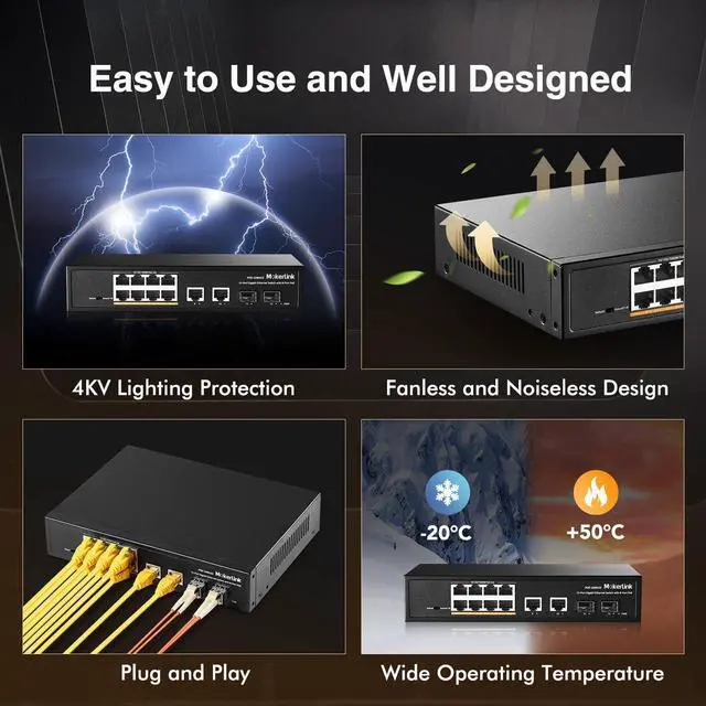 Alt view image 5 of 7 - MokerLink 12 Port Gigabit Ethernet Switch, 8 GE PoE+, 2 GE Uplink, 2 Gigabit SFP, Fanless Plug & Play