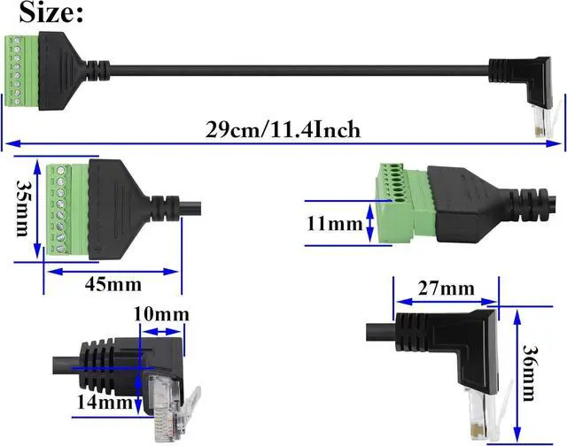 Alt view image 2 of 7 - zdyCGTime RJ45 Screw Terminal Adapter Cable,90 Degree (Up Bend) RJ45 Male to 8-Pin Screw Block Terminal Connector extender For Cat5/6/7 Ethernet Extender AV CCTV DVR Network Adapter.(2Pack/30cm-UP)