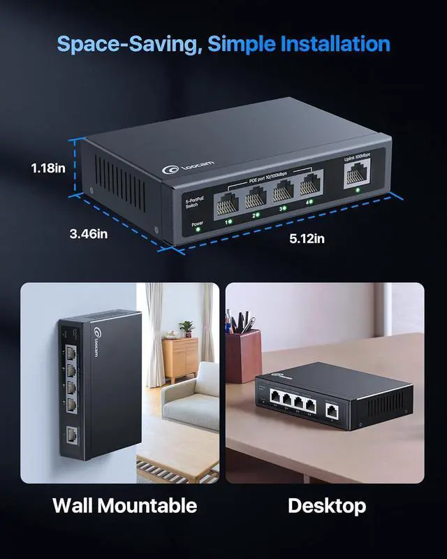 Alt view image 6 of 7 - 5 Port PoE Switch(4 PoE Ports + 1 Uplink), 802.3af/at PoE+ 100Mbps, 65W Built-in Power, Extend to 250Meter, Unmanaged Plug & Play PoE+ Network Switch