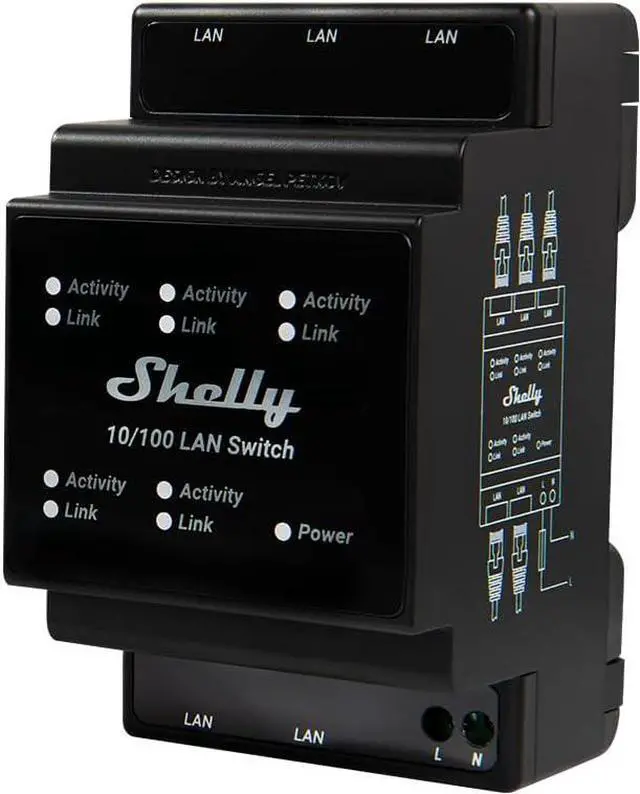 Main image of Shelly LAN Switch | 5 Port RJ45 10/100 Mbps Fast Ethernet Switch | DIN-Mountable | Fanless | Plug & Play | Energy-Saving | Easy Installation & Configuration | No Additional Adapter Required