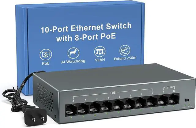 Main image of YuanLey 8 Port Gigabit PoE Switch with 2 Gigabit Uplink, 8 Port PoE+ 1000Mbps, 85W 802.3af/at, Extend Function, Metal, Fanless, AI WatchDog, Unmanaged Plug and Play Smart Detection Ethernet Switch