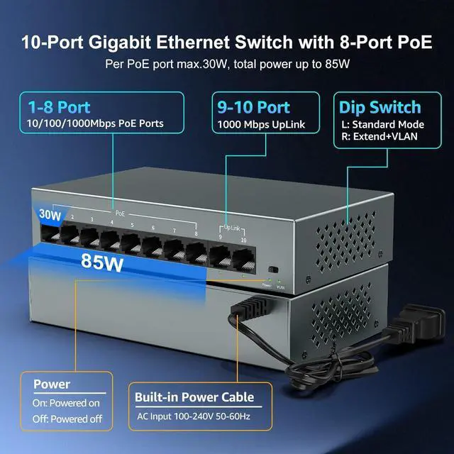 Alt view image 2 of 7 - YuanLey 8 Port Gigabit PoE Switch with 2 Gigabit Uplink, 8 Port PoE+ 1000Mbps, 85W 802.3af/at, Extend Function, Metal, Fanless, AI WatchDog, Unmanaged Plug and Play Smart Detection Ethernet Switch