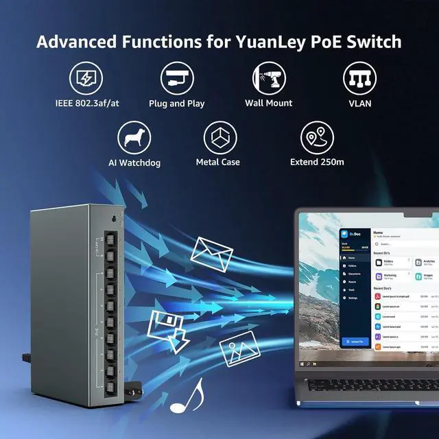 Alt view image 3 of 7 - YuanLey 8 Port Gigabit PoE Switch with 2 Gigabit Uplink, 8 Port PoE+ 1000Mbps, 85W 802.3af/at, Extend Function, Metal, Fanless, AI WatchDog, Unmanaged Plug and Play Smart Detection Ethernet Switch