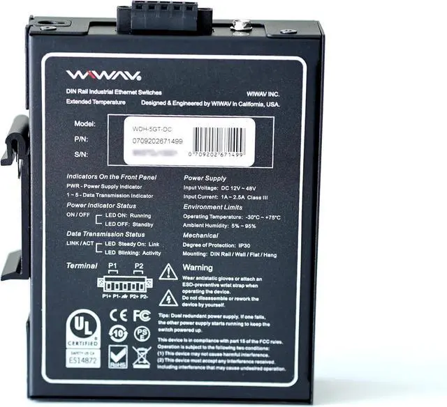 Alt view image 4 of 7 - WIWAV WDH-5GT-DC 10/100/1000Mbps Gigabit Unmanaged 5-Port Industrial Ethernet Switches with DIN Rail/Wall-Mount (UL Listed,Fanless,-30~75)