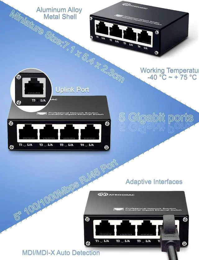 Alt view image 5 of 6 - Mini Ethernet Switch 5 Ports Gigabit Switch 10/100/1000 Mbps Unmanaged Ethernet Switch Plug & Play Office Ethernet Splitter Fanless Quiet Metal Design Network Hub Desktop Design, Black