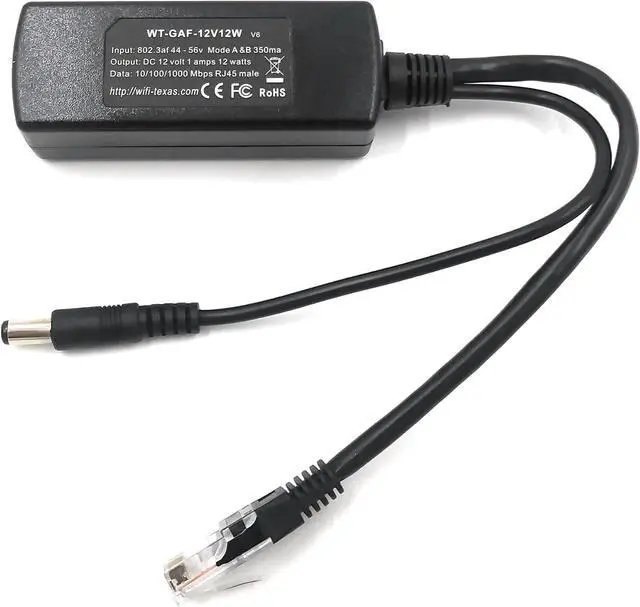Main image of PoE Texas IEEE 802.3af 12v Splitter - Power Over Ethernet Single PoE Splitter 12v 12w Gigabit Data - Active Opto-Isolated Protection for 12 Volt DC Powered Devices, IP Camera, Foscam, Arduino