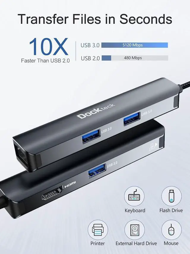 Alt view image 3 of 7 - USB C Hub Ethernet, Dockteck 5-in-1 Multiport Adapter with USB C to 4K HDMI,1Gbps LAN, 3 USB 3.0, for MacBook Air/Pro, iPad Air/Pro, Surface Pro, XPS and More