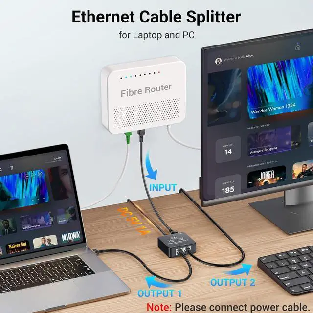 Alt view image 4 of 7 - Ethernet Splitter 1 to 2 Ethernet Cable Splitter Internet Switch 2 Port Network Gigabit LAN RJ45 1000Mbps 1 in 2 Out Compatible with Cat 8 7 6 5 5e, Router PC Laptop Printer PS5 PS4 TV Box