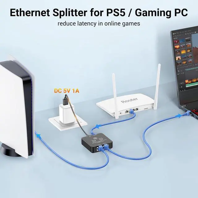 Alt view image 5 of 7 - Ethernet Splitter 1 to 2 Ethernet Cable Splitter Internet Switch 2 Port Network Gigabit LAN RJ45 1000Mbps 1 in 2 Out Compatible with Cat 8 7 6 5 5e, Router PC Laptop Printer PS5 PS4 TV Box