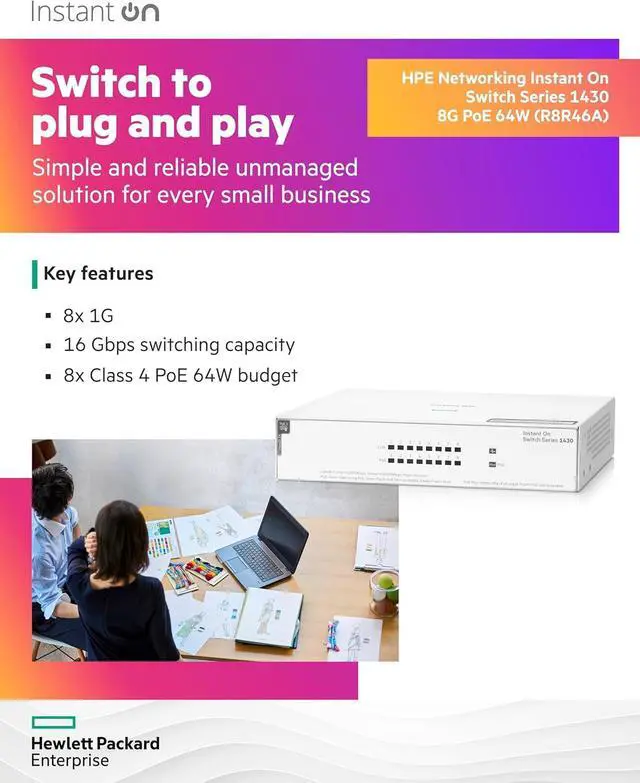 Alt view image 3 of 7 - HPE Networking Instant On Switch Series 1430 8-Port Gb Unmanaged Layer 2 Ethernet Switch with PoE | 8X 1G | 8X CL4 PoE (64W) | Fan-Less | US Cord (R8R46A#ABA)