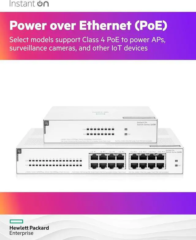 Alt view image 6 of 7 - HPE Networking Instant On Switch Series 1430 8-Port Gb Unmanaged Layer 2 Ethernet Switch with PoE | 8X 1G | 8X CL4 PoE (64W) | Fan-Less | US Cord (R8R46A#ABA)