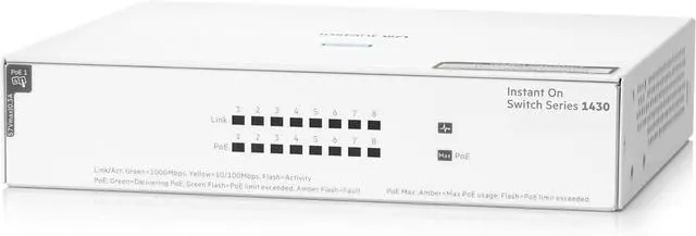 Alt view image 7 of 7 - HPE Networking Instant On Switch Series 1430 8-Port Gb Unmanaged Layer 2 Ethernet Switch with PoE | 8X 1G | 8X CL4 PoE (64W) | Fan-Less | US Cord (R8R46A#ABA)