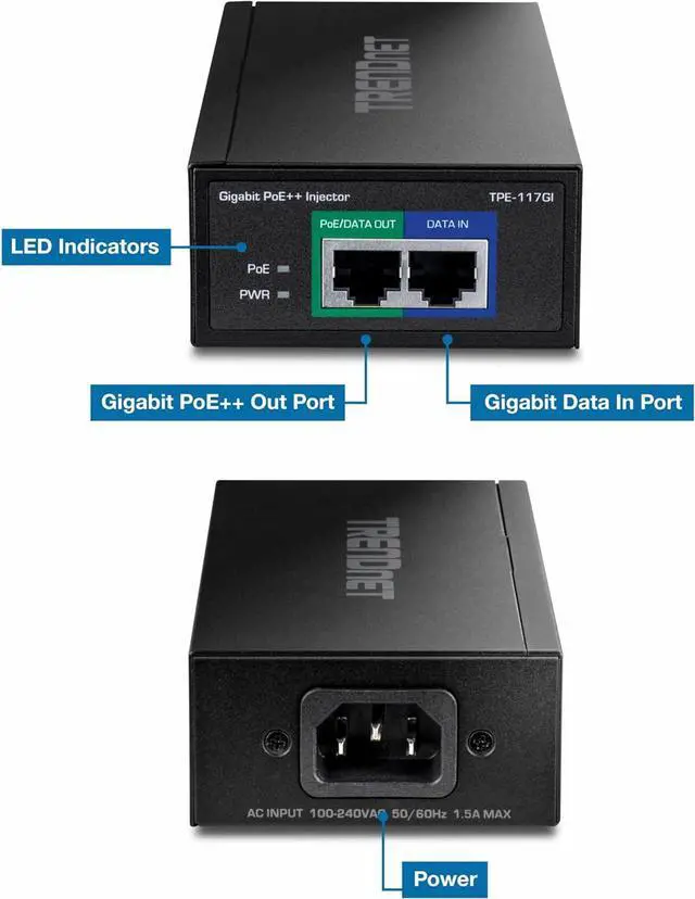 Alt view image 7 of 7 - TRENDnet Gigabit PoE++ Injector, Supplies PoE (15.4W), PoE+ (30W), or PoE++ (60W), Network A PoE Device Up to 100m(328 ft), Supports IEEE 802.3af,802.at, Plug & Play, Black, TPE-117GI