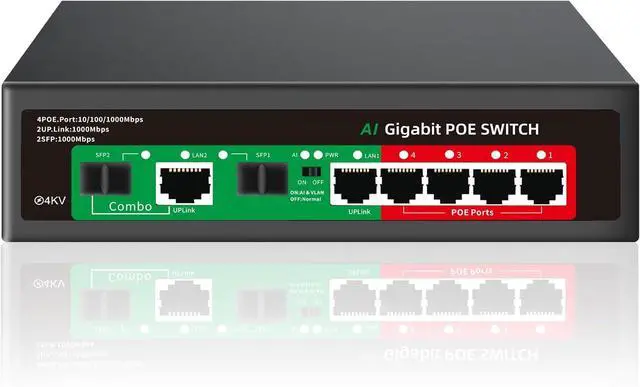Main image of STEAMEMO 8 Port Gigabit Ethernet Unmanaged PoE Switch, 4 Gigabit PoE+ @65W Built-in Power, 2 Uplink Gigabit Port + 2 SFP Slot, VLAN Mode, 802.3af/at, Desktop/Wall-Mount, Plug & Play