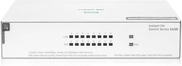 Main image of HPE Networking Instant On Switch Series 1430 8-Port Gb Unmanaged Layer 2 Ethernet Switch with PoE | 8X 1G | 8X CL4 PoE (64W) | Fan-Less | US Cord (R8R46A#ABA)