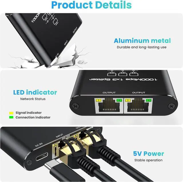 Alt view image 4 of 7 - Ethernet Splitter 1 to 3, High Speed Gigabit 1000Mbps, LAN Network Splitter with USB Power Cable, Gigabit RJ45 Internet Ethernet Splitter for Cat 5/5e/6/7/8 Cable [3 Devices Networked Simultaneously]