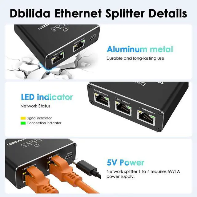 Alt view image 7 of 7 - 1 to 4 Ethernet Splitter - 1000Mbps LAN Splitter for Cat 5/6/7/8 Cables, Supports 4 Devices Simultaneously