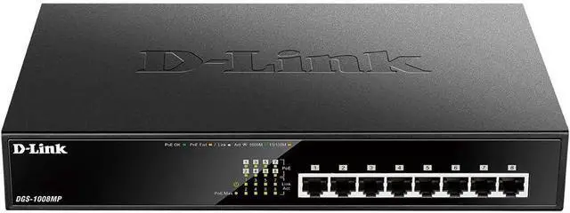 Main image of D-Link DGS-1008MP 8-Port Gigabit Unmanaged Metal Desktop Switch with 8 PoE+ Port - Up to 30 W per Port with 125 W PoE Budget