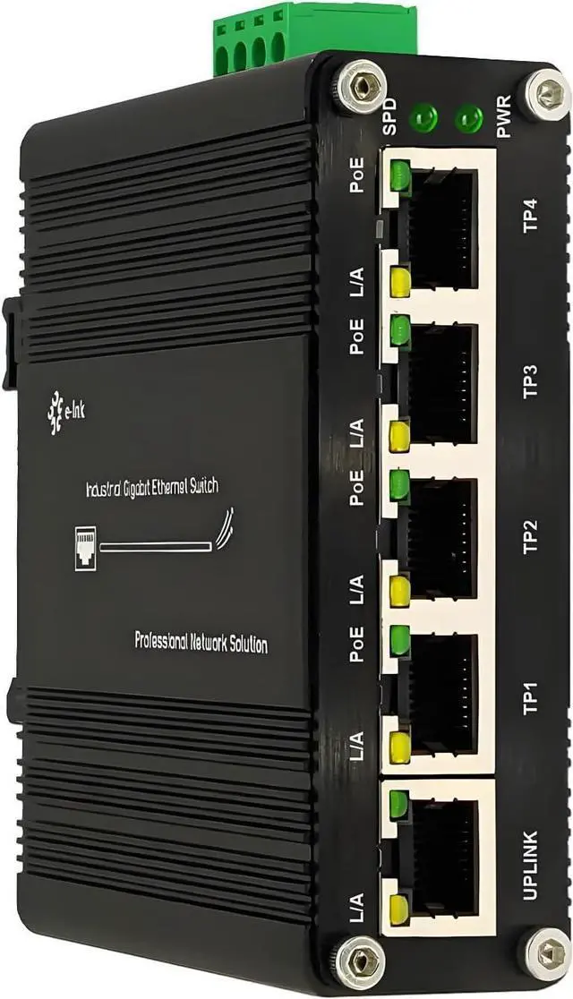 Main image of Industrial Passive 24V 5 Ports PoE Switch, 10/100/1000Mbps, Black, DIN Rail Mount, AUTO, 12-24V Input 24V Output