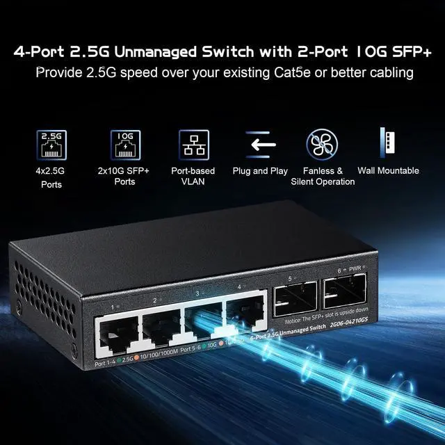 Alt view image 2 of 7 - Binardat 4 Port 2.5G Switch with 2x10G SFP, 4x2.5 Gigabit Ethernet Ports, Ultra-Mini Size, Support Vlan, Metal Unmanaged Multi-Gigabit Desktop/Wallmount Network Switch