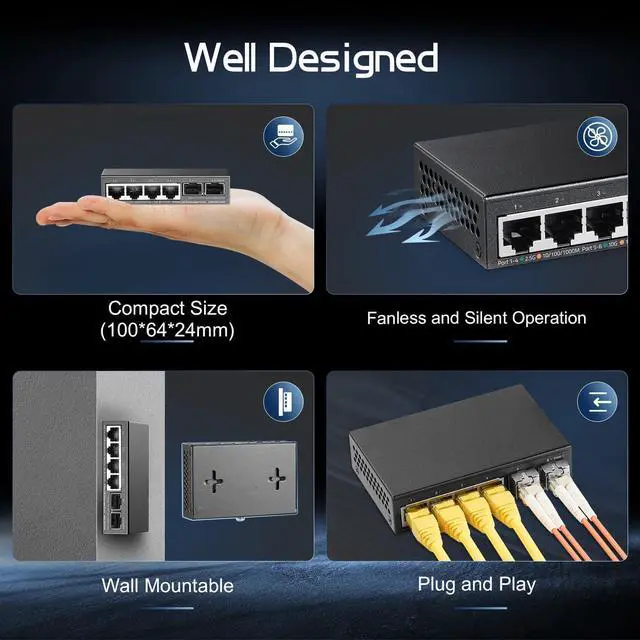 Alt view image 5 of 7 - Binardat 4 Port 2.5G Switch with 2x10G SFP, 4x2.5 Gigabit Ethernet Ports, Ultra-Mini Size, Support Vlan, Metal Unmanaged Multi-Gigabit Desktop/Wallmount Network Switch