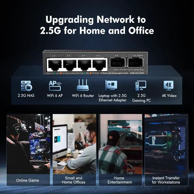 Alt view image 7 of 7 - Binardat 4 Port 2.5G Switch with 2x10G SFP, 4x2.5 Gigabit Ethernet Ports, Ultra-Mini Size, Support Vlan, Metal Unmanaged Multi-Gigabit Desktop/Wallmount Network Switch