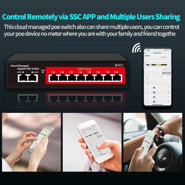 Alt view image 6 of 7 - STEAMEMO 10-Port Gigabit Managed PoE Switch, 8 PoE+ Ports@120W, 2 Uplink Ports, VLAN, PoE Scheduler, Fanless, Plug and Play, Sturdy Metal, Desktop and Wall-Mount