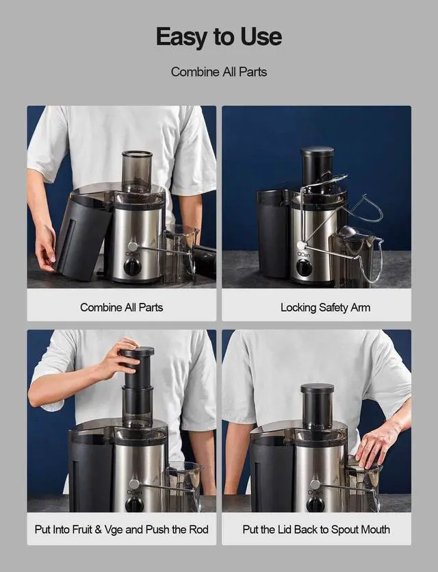 Alt view image 7 of 7 - QCen Juicer Machine, 500W Centrifugal Juicer Extractor with Wide Mouth 3 Feed Chute for Fruit Vegetable, Easy to Clean, Stainless Steel, BPA-free (Black)
