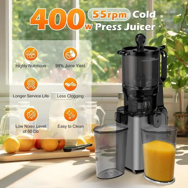 Alt view image 5 of 7 - Juicer Machines with 5.8" Large Feed Chute, Cold Press Juicer For Whole Vegetables and Fruits, 400W Professional Slow Masticating juicer Easy to Clean for Batch Juicing (Titanium Gray)